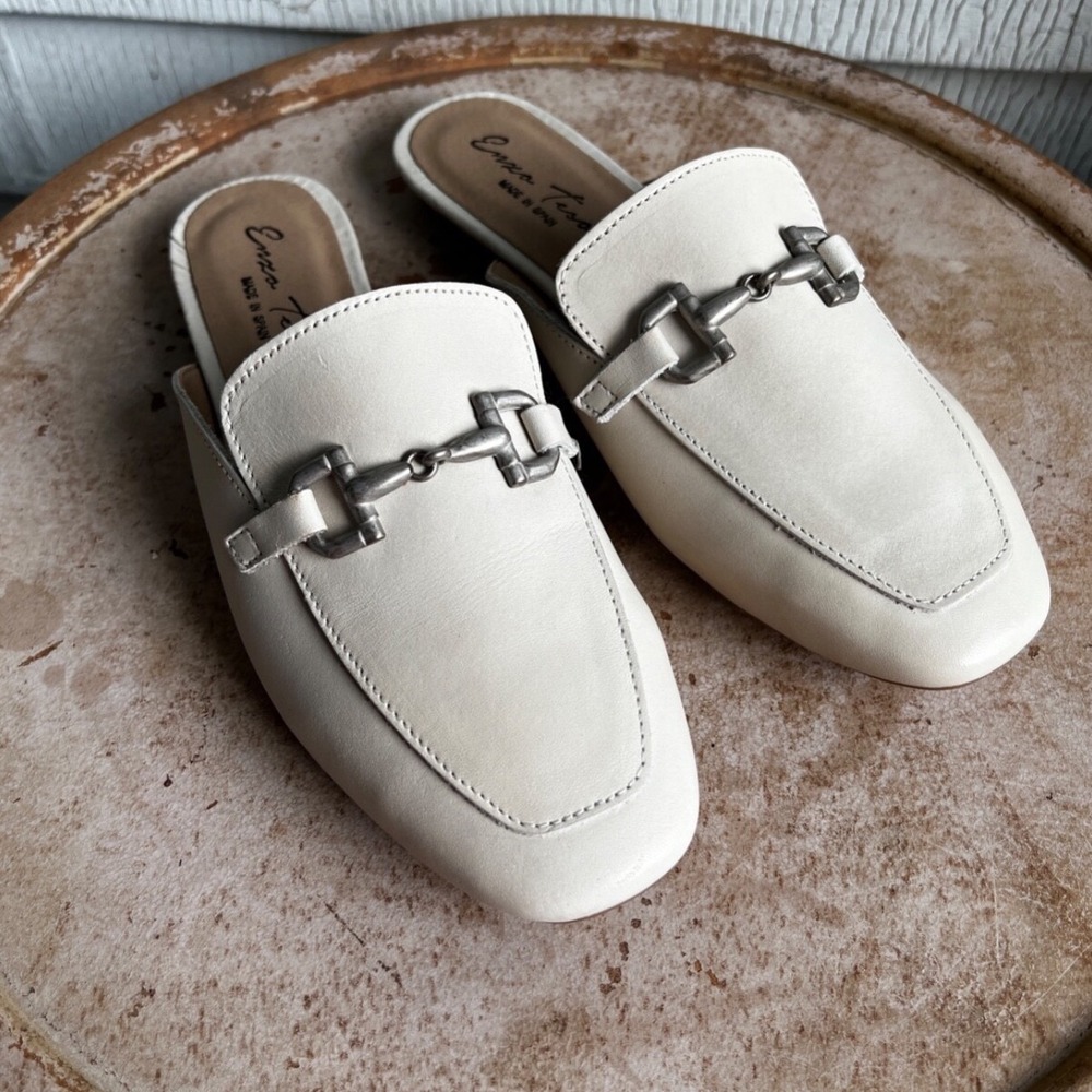 Enzo Tesoti sz 6.5 Women White Slip On Mule Loafers Flats Equestrian Minimalist